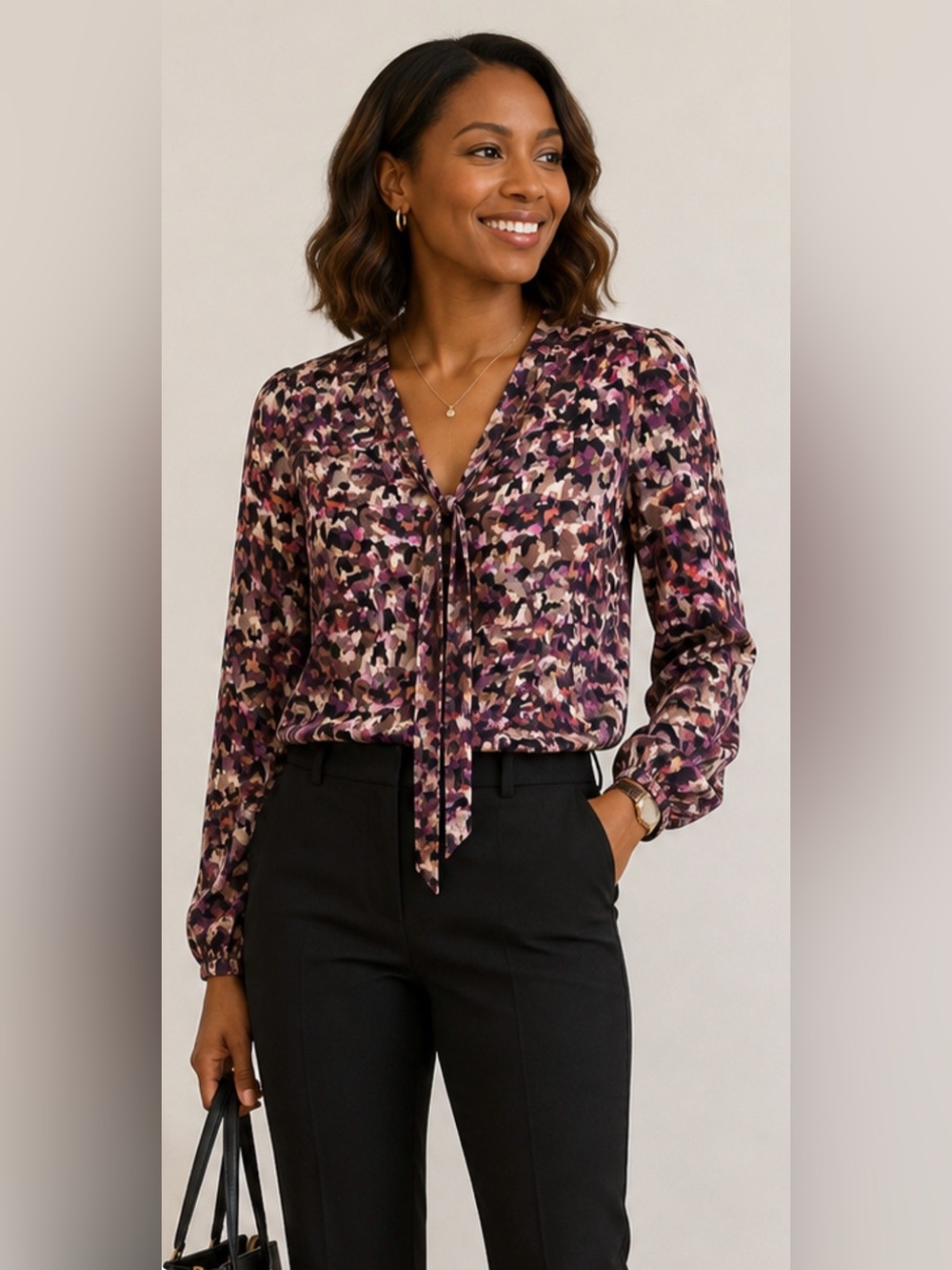 Manoukian Tie-Neck Floral Print Blouse in Purple Multi